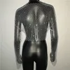 Koszulka damska Glitter Diamonds Fishnet Tops Blusa Blowly Women o długim rękawie o szyja seksowna pusta na zewnątrz zobacz tee club imprezowe 230331