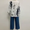 Zweiteilige Damenhose 2 Teile / satz Damen Outfit O-Ausschnitt Klassisch Elegantes T-Shirt Set Weites Bein und Langarmshirts Lässig zum Einkaufen