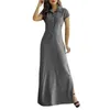 Casual klänningar kvinnor kort ärm krage knapp fram a-line denim maxi-long 10cd