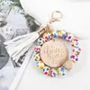 Moda Heart Flower Silicon Beads Tassel Keychain Letter Wood Letra de Bracelete de Disco de Madeira Chavejando para Mulheres Presentes de Joias de Meninas