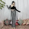 Stage Wear Ethnic Dance Oriental Belly Gray Leopard Stitching Long-sleeved Top Hand-inspired Hollow Pants Practice Suit Sexy