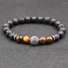 Strand Natural Black Volcanic Lava Stone Distance Tiger Eye Stones Bracelet Pave CZ Ball Beads Bracelets For Women Men Jewelry Pulseras