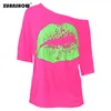 T-shirt da donna XUANSHOW Costume da donna sexy anni '80 Top Shew Collar Labbra a manica media Stampato Vintage Loose Long Y2K Abbigliamento T-shirt da donna 230331