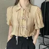 Blouses voor dames Chinese stijl Puff Mouw Korte Solid Color Summer Tops Shirt Retro Minimalistisch Blouse Elegante losse kantoor dames