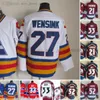 1972-1999 영화 레트로 CCM 하키 저지 자수 27 John Wensink 33 Patrick Roy 52 Adam Foote Jerseys Blue Red White Men