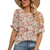 Kvinnors T-skjortor Kvinnor Summer Vintage Floral Printed Casual Loose T-shirt Ruffle Cuffs Puff Short Sleeve Crew Neck Pullover Top Bluses