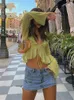 Koszulka damska Allneon Vintage 90s Streetwear Ruffles Trime Zielone szyfonowe koszulki Y2K Modka Sexy Deep V koronkowa wierzchnia Tops Transparent 230331