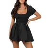 Vestidos casuais femininos meminados abundante de manga curta Mini vestido quadrado francês Flowy A Line Sexy Cut Out Tie Back Summer