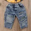 Top per Halloween con spalle scoperte floreali per bambini, bambina, con pantaloni in denim, jeans, abiti da festa, set di moda estiva