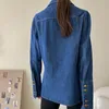 Damesjassen retro zak met lange mouwen denim shirt voor vrouwen met een gevoel van niche-ontwerp in donkerblauwe tops lente en herfst