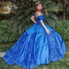 Azul real brilhante cetim lantejoulas quinceanera vestidos 2024 fora do ombro princesa querida vestido de baile de 15 anos doce 16