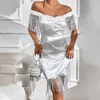Вечернее платье с кисточками и открытыми плечами, атласный облегающий сексуальный комбинезон