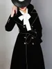 Women's Leather Faux Lautaro Spring Autumn Long Black Velvet Trench Coat for Women with Gold Trim Sashes Double Breasted Luxury Designer Fashion 230331