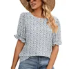 Kvinnors T-skjortor Kvinnor Summer Vintage Floral Printed Casual Loose T-shirt Ruffle Cuffs Puff Short Sleeve Crew Neck Pullover Top Bluses