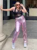 Vrouwen Fashion Metallic Straight-Leg Pants Sparkling Elastische Taille broek Streetwear Clubwear Costuums 2023 Lent Fall