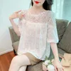 Blusas femininas bordados de verão top top top solto casual crochet camisa branca retalhos de retalhos de manga curta mulher blusa