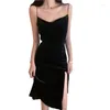 Casual Kleider Vintage Frauen Kleid Spaghetti Strap Schlitz Samt Schwarz Sexy Bodycon Verband Midi Party