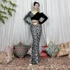 Stage Wear Ethnic Dance Oriental Belly Gray Leopard Stitching Long-sleeved Top Hand-inspired Hollow Pants Practice Suit Sexy