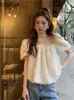 Kvinnors blusar Ezgaga Kvinnor Blus Tassel Square Collar Puff Short Sleeve Halter Bandage French Style Elegant Loose Shirts Summer Crop Tops