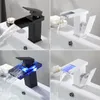 Bathroom Sink Faucets LED Light Basin Faucet Brass Waterfall Temperature Colors Change Mixer Black White Deck Mounted Wash Glass Taps