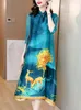 Casual Kleider 2023 Blau Druck Kurzarm Midi Cheongsam Kleid Frühling Sommer Hochwertige Seide Robe Frauen Koreanische Vintage Luxus Abend