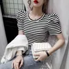 Dames T-shirt Summer Girls 'O-Neck T-shirt Top Dames Super Dunne korte mouw Puff Sleeve Vintage Stripe T-shirt T-shirt Women's 230331