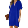 Casual Dresses Womens Summer Loose Fit Dress V Neck Short Sleeve Mini Shift Solid Color Casula