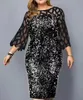 Abito da sera da donna, midi, con paillettes, maniche lunghe, in pizzo, elegante, aderente, abiti da sera, donna, estate, taglia M-5XL