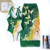 Butterfly Printed Swimsuit Patchwork Sexy Swimwear Fashion Women Dresses High Waist Swim Wear Green Bathing Suit