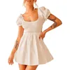 Casual Dresses Women's Shirred Ruffle Short Sleeve Mini Dress French Square Neck Flowy A Line Sexig Cut Out Tie Back Summer