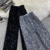 Cutistation Silver Black Sequin Pants Women 2023 Spring Full Length Chic Fashion Straight Wide Leg Trousers Party Night Clubwear