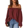 Women's Blouses Womens Elegant Flounce Long Sleeve Frill Trim Off Shoulder Tops Plain Solid Color Casual Loose Fit Shirt Chiffon