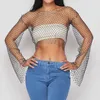 Koszulka damska Glitter Diamonds Fishnet Tops Blusa Blowly Women o długim rękawie o szyja seksowna pusta na zewnątrz zobacz tee club imprezowe 230331