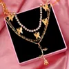 Chains Bohemian Multilayer Golden Rose Pendants Necklaces For Women Bling Rhinestone Chain Butterfly Necklace 2023 Fashion Jewelry Gift