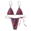 Women's Swimwear Foohoostore Women Retro Triangle Bikini Set Vintage Print Adjustable Spaghetti Straps Padded Bra Tie-Up Thong Biquini