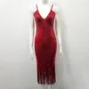 Casual Dresses Bodycon Dress Women V Neck Sexy Party Bandage Red Sequin and Tassel Summer Midi Elegant