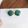 Backs Earrings Vintage England Royal Court Square Texture Simple Rhombic Green Blue Stone Clip On No Piercing Ears