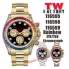 TW Factory Watches 40mm Rainbow ETA7750 Automatic Chronograph Mens Watch Rainbow Bezel Black Dial Yellow Gold Bracelet Gents Wristwatches