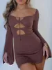 Casual Dresses Fufucaillm Women's BodyCon Dress Knitted Sexig utskuren rygglös lång blossad ärm Mini Summer Woman Party Vestido