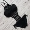 Moda seksowna koronkowa wydrążona bikini szydełkowe bikini strój kąpielowy damskie stroje kąpielowe seksowny jednoczęściowy strój kąpielowy bez pleców halter plaża czarny pływanie dla kobiet