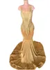 2023 Arabo Aso Ebi Gold Mermaid Prom Dress Cristalli di perline Sexy Evening Party Formale Secondo ricevimento Compleanno Abiti di fidanzamento Abiti Robe De Soiree ZJ244