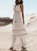 Vestidos casuais verão boho longo mulheres rendas v pescoço espaguete cinta senhora fora do ombro praia sundress branco vestidos de mujer 230428