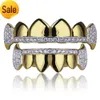 18K Real Gold Teeth Grillz Caps 아이스 아웃 상단 하단 뱀파이어 송곳니 치과 그릴 세트 도매