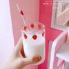 Water Bottles 300 ML High Borosilicate Nana Cute Strawberry Milk Drinking Glasses Cup with Straw Upgrade Thickened Version 230428