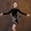 Bühnenkleidung Latin Dance Kleid für Mädchen Schwarzer Samt Latino Tanzrock Kinder Quaste Kinder Fransen Samba Rumba Kostüm 6749