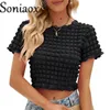 T-shirt pour femmes 2023 Summer Fashion Popcorn Tee Sexy Slim Fit Reveal Belly Button Femme Street Casual Splicing Tops à manches courtes 230428