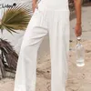 Pantalon femme s printemps été pour bureau dame coton lin poches solide ample décontracté blanc jambe large pantalon long 230428