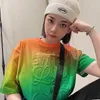 高級デザイナー女性TシャツハイYiweii韓国版レインボーレタープリントプリント春夏レジャーTシャツユニセックス