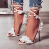 Летние женские туфли Lady Sandals White Cross Lace Up Ruffle High Heels Pumps Shoes Women Fashion Banquet Sandalias Mujer WSH3255