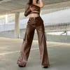 Kadın Pantolon Capris Kahverengi Baggy Sahte Deri Geniş Bacak Cepleri Sokak Giyim Capri Kadınlar Grunge Y2K Estetik Hip Hop Pantolon
